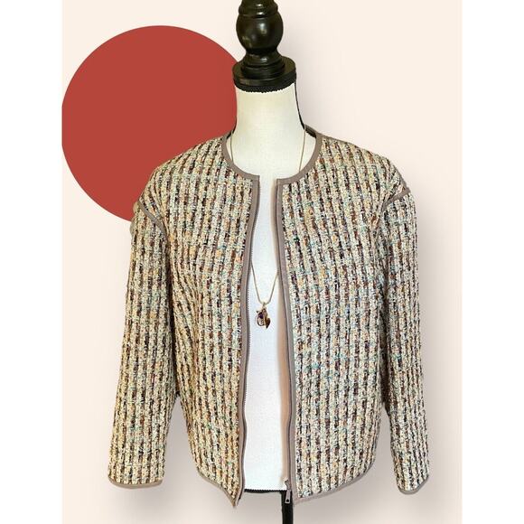 Lafayette 148 WOMENS Spring Tan Beige Coral Aqua Tweed Zip Blazer Jacket Size M - Picture 2 of 13
